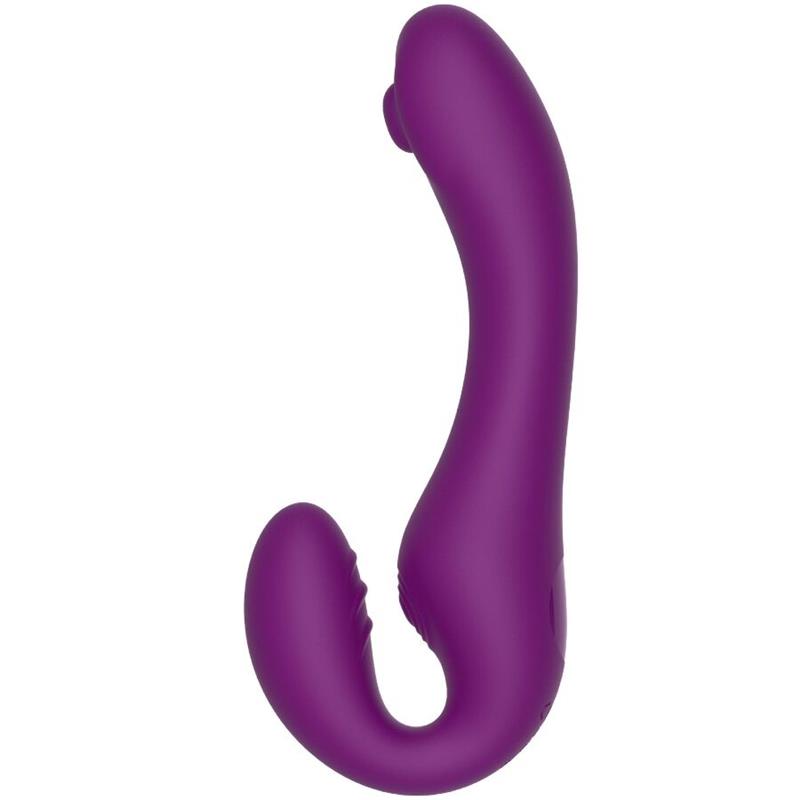 2 V 1 BREZPASOVNI STRAP-ON VIBRATOR Z DALJINSKIM UPRAVLJALNIKOM V PURPURNI BARVI