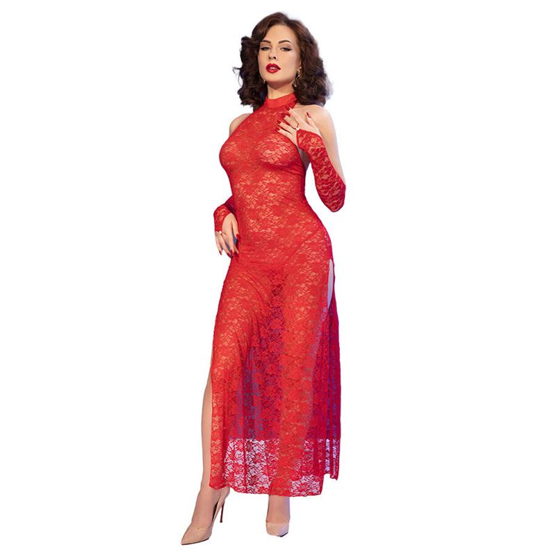 CR 4853 RED LACE DRESS WITH GLOVES S/M