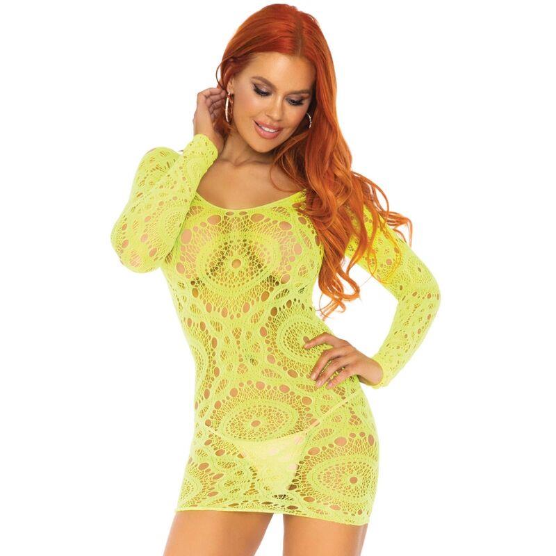 CROCHET LACE LONG SLEEVE MINI DRESS NEON ONE SIZE